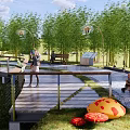 Scenic Park Landscape With Green Trees Curved Stone Paths Benches Mushroom Decorations and Lantern Lights