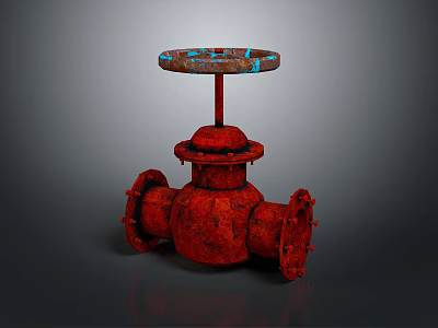 Rusty Red Valve With Blue Brown Handle And Metallic Body Structure 3d model