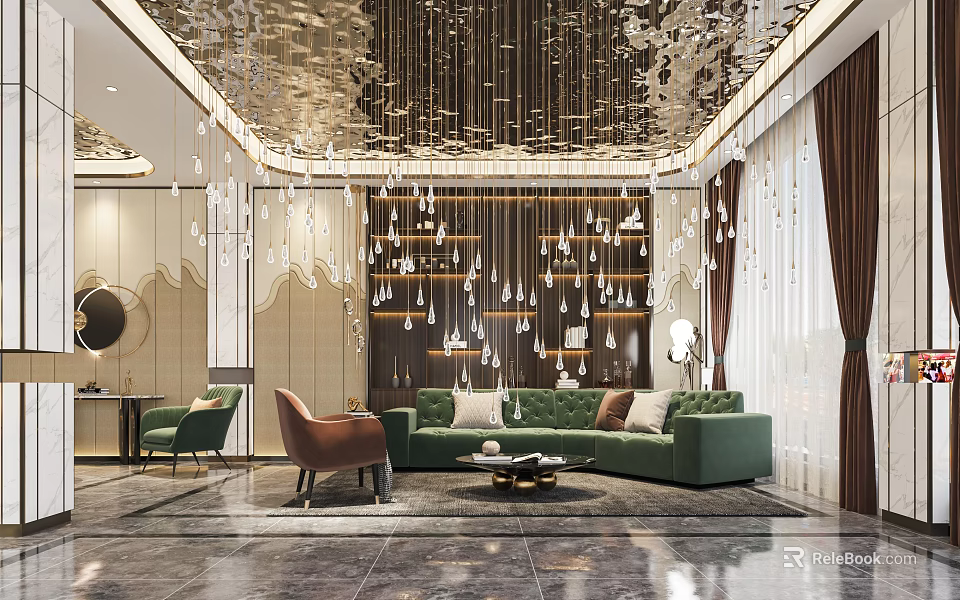Luxurious Modern Hotel Lobby Interior Design With Crystal Chandeliers Green Sofa And Marble Flooring 3d model 