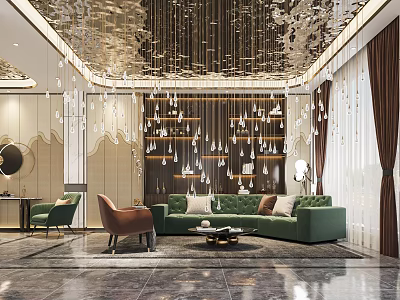 Luxurious Modern Hotel Lobby Interior Design With Crystal Chandeliers Green Sofa And Marble Flooring 3d model