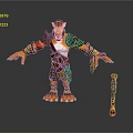 3D Fantasy Character Model With Orange Skin Blue Shoulder Armor Claw Feet And Weapon