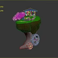 Floating Island Scene With Red Pavilion Green Grass Pink Cherry Blossom And Gears