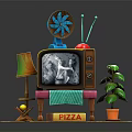 Colorful Cartoon Scene Featuring Vintage TV Fan Lamp Plant And Pizza Box