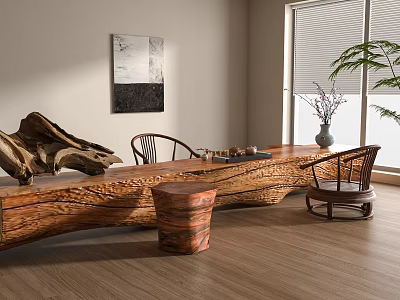 Natural Wooden Tea Table And Chairs With Stool Decorative Painting And Plant In Bright Room 3d model