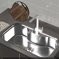 Stainless Steel Double Bowl Sink In Modern Kitchen With Faucet And Cutting Board