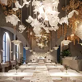 Luxurious Restaurant Interior Design With Chandeliers Green Plants Marble Dining Tables Arched Windows Leather Seats