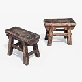 Two Vintage Wooden Stools Featuring Rustic Design Simple Structure And Worn Surface 3d model