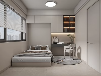 Modern Tatami Bedroom Interior With Platform Bed Built in Storage And Desk Chair 3d model