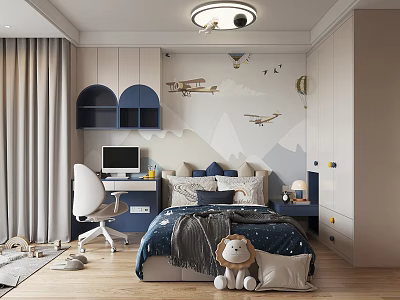 Modern Kids Bedroom Design With Airplane Wall Art Desk And Plush Toys 3d model