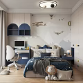 Modern Kids Bedroom Design With Airplane Wall Art Desk And Plush Toys