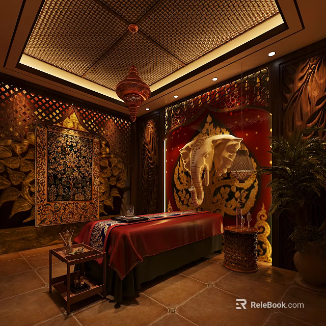 Thai Style SPA Sauna Interior With Elephant Decor Wooden Accents Massage Table And Plants 3d model 