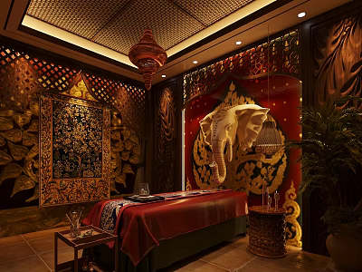 Thai Style SPA Sauna Interior With Elephant Decor Wooden Accents Massage Table And Plants 3d model