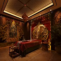 Thai Style SPA Sauna Interior With Elephant Decor Wooden Accents Massage Table And Plants