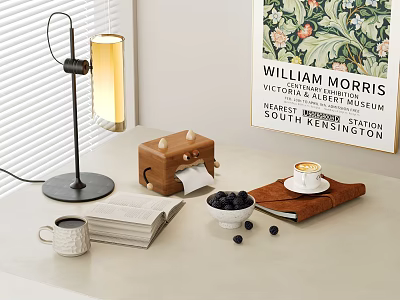Decorative Ornament Set With Table Lamp Wooden Tissue Box Coffee Cup Books And Blueberries Bowl 3d model