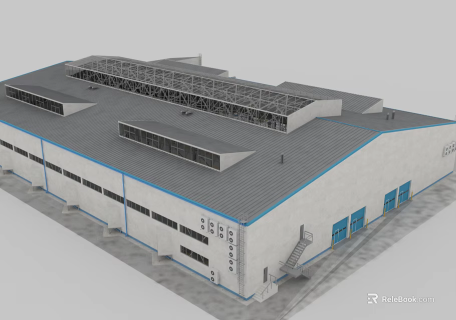 Industrial Factory Building With Steel Frame Roof White Exterior Walls Long Windows And Blue Doors 3d model 