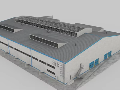 Industrial Factory Building With Steel Frame Roof White Exterior Walls Long Windows And Blue Doors 3d model