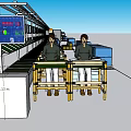 Industrial Equipment Production Line With Workers Operating Machinery And Blue Containers