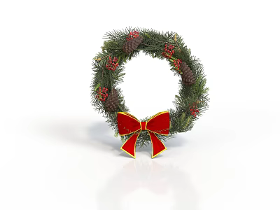 Festive Christmas Wreath Decoration With Green Foliage Red Berries And Red Bow Accent 3d model
