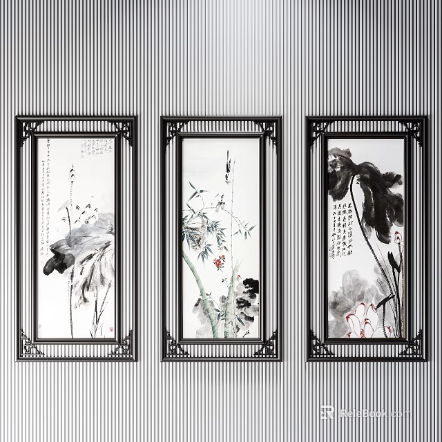 Three Oriental Plant Paintings In Black Frames For Home Wall Decor 3d model 