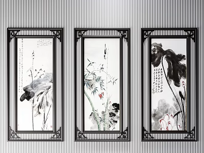 Three Oriental Plant Paintings In Black Frames For Home Wall Decor 3d model