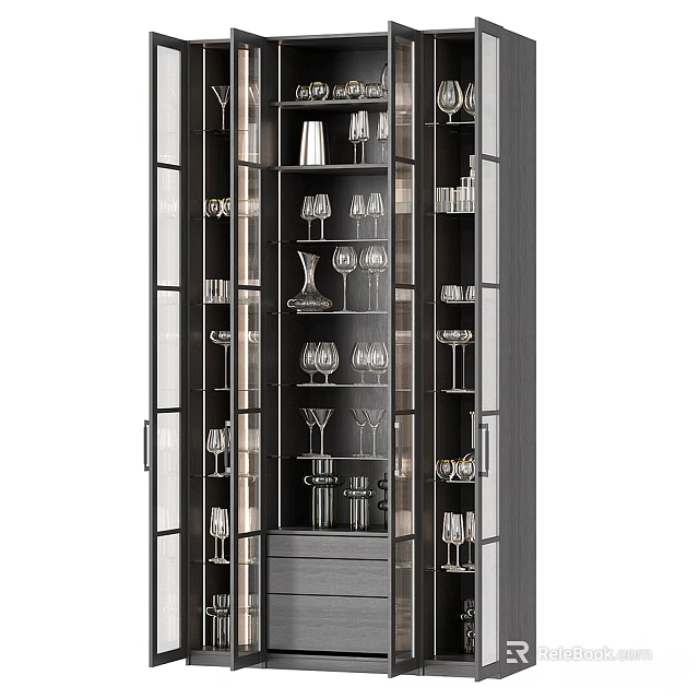 Modern Wine Cabinet Interior With Glass Doors And Organized Wine Glass Shelves 3d model 