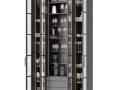 Modern Wine Cabinet Interior With Glass Doors And Organized Wine Glass Shelves 3d model