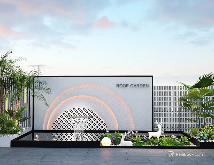 Roof Garden Feature Wall Design With Curved Lighting Laser Cut Pattern And Plants 3d model 