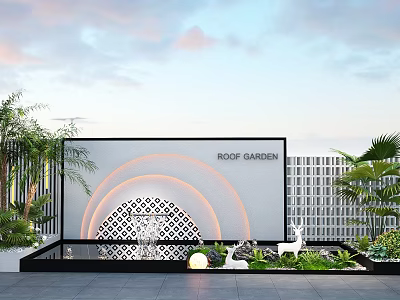 Roof Garden Feature Wall Design With Curved Lighting Laser Cut Pattern And Plants 3d model