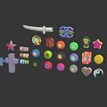 Assorted Small Decorative Items With Star Cross Smiley Face Colorful Badges Key And Gear