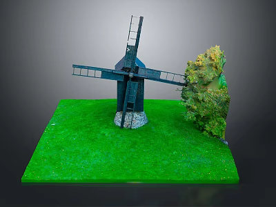 Black Windmill Model Display On Green Grass Base With Small Tree 3d model