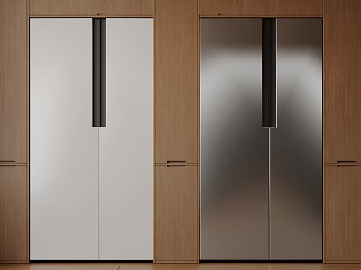 Modern Built in Refrigerators with White and Silver Finish in Sleek Wooden Kitchen Cabinets 3d model