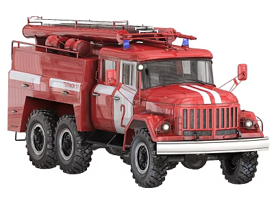 Red Fire Truck With FIRE Lettering Number 2 And Emergency Lights Ladder Equipment 3d model