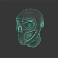 Sci Fi Game Movie Character Mechanical Skull Head With Glowing Blue Eyes And Metallic Texture