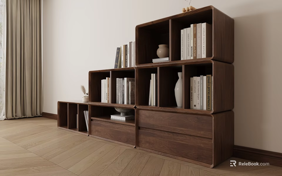 Modern Walnut Decorative Cabinet With Open Shelves Drawers And Books Vase 3d model 