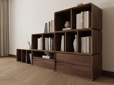 Modern Walnut Decorative Cabinet With Open Shelves Drawers And Books Vase 3d model