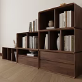 Modern Walnut Decorative Cabinet With Open Shelves Drawers And Books Vase