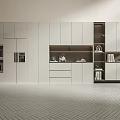 Modern Minimalist Kitchen Interior With White Cabinets Open Shelves And Herringbone Floor 3d model