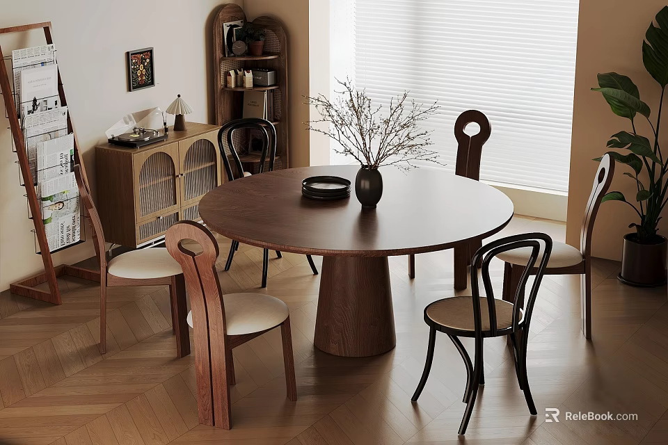 Inviting Restaurant Interior With Round Wooden Dining Table Black Vase Dried Branches And Chairs 3d model 