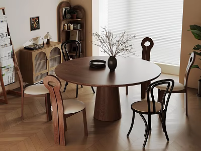 Inviting Restaurant Interior With Round Wooden Dining Table Black Vase Dried Branches And Chairs 3d model