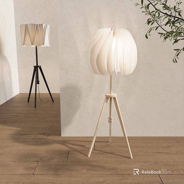 Modern Tripod Floor Lamps with White Lampshade and Wooden Black Stand in Indoor Setting 3d model 