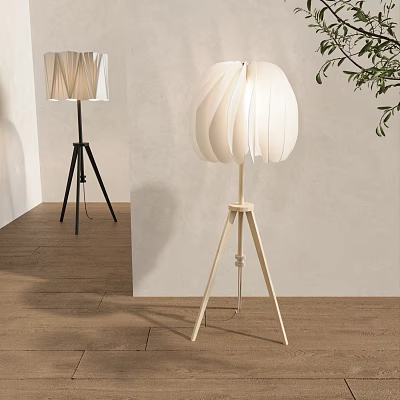 Modern Tripod Floor Lamps with White Lampshade and Wooden Black Stand in Indoor Setting 3d model