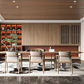 Traditional Tea Room Interior With Wooden Ceiling Lattice Shelves Green Plants And Long Wooden Table