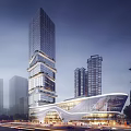 Modern Commercial Street With Curved Glass Facade Tall Buildings Pedestrians And Greenery