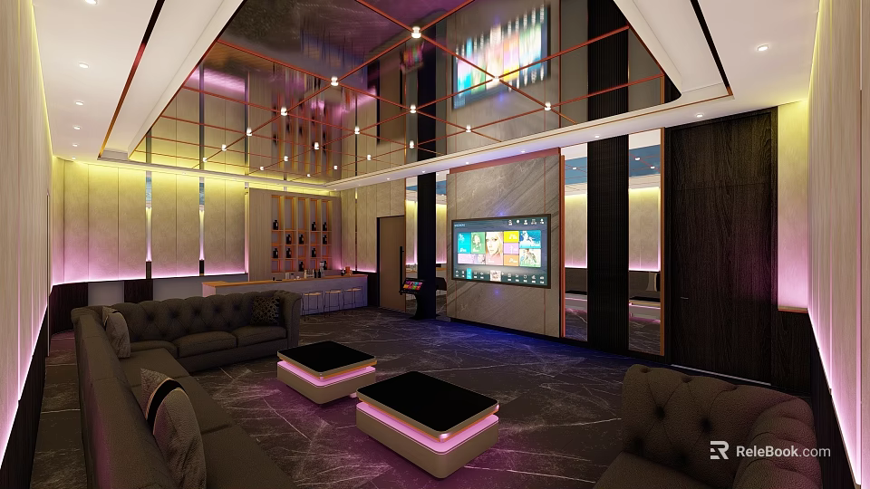 Modern KTV Lounge Interior With Luxury Sofas Coffee Tables TV Screen And Lighting Decorations 3d model 