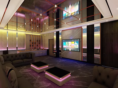 Modern KTV Lounge Interior With Luxury Sofas Coffee Tables TV Screen And Lighting Decorations 3d model
