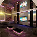 Modern KTV Lounge Interior With Luxury Sofas Coffee Tables TV Screen And Lighting Decorations
