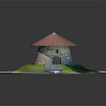 Circular Stone Building Model On White Base With Red Roof And Green Grass