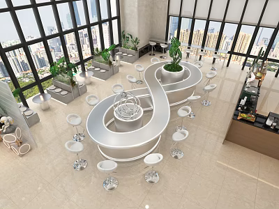 Modern Café Interior With Large Windows City View Green Plants Circular Bar And High Stools 3d model