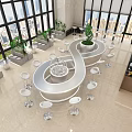 Modern Café Interior With Large Windows City View Green Plants Circular Bar And High Stools