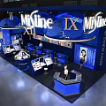 MiLine Blue Exhibition Booth With Multiple Zones Display Counters And Hanging Lights